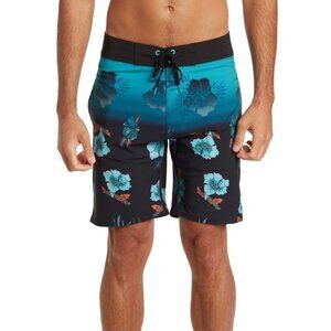 Burnside Mens Blue Tropical Pockets Long Board Shorts Swimwear Sz 32 New